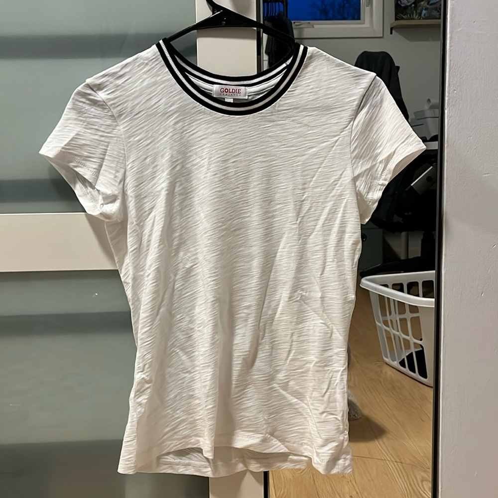 Goldie White Tee with Black Stripe Detail